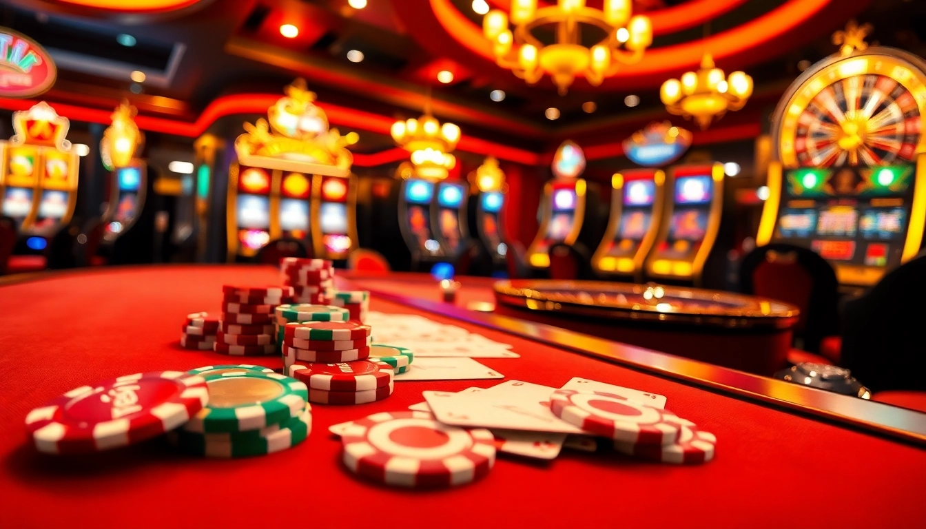 Experience the thrill of nohu90 with colorful poker chips and a luxurious casino table.