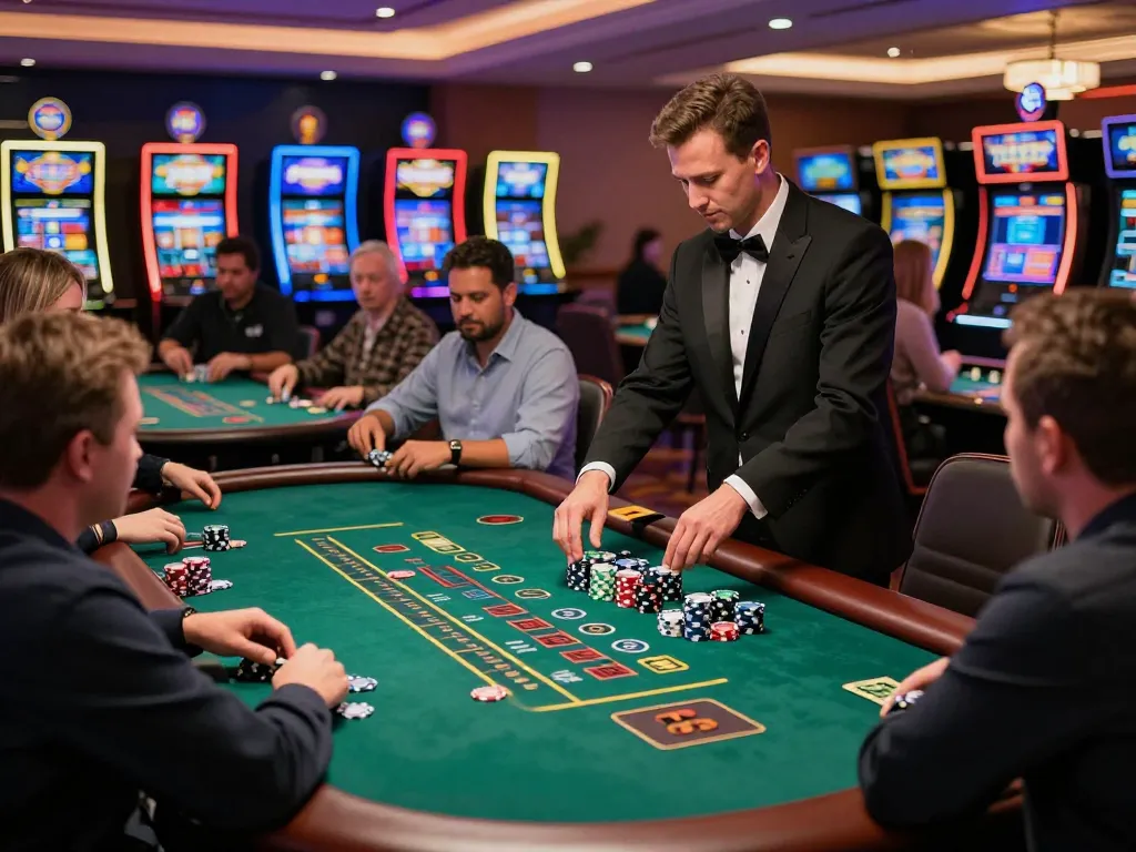 KUBET players strategizing at a blackjack table in a vibrant casino atmosphere.
