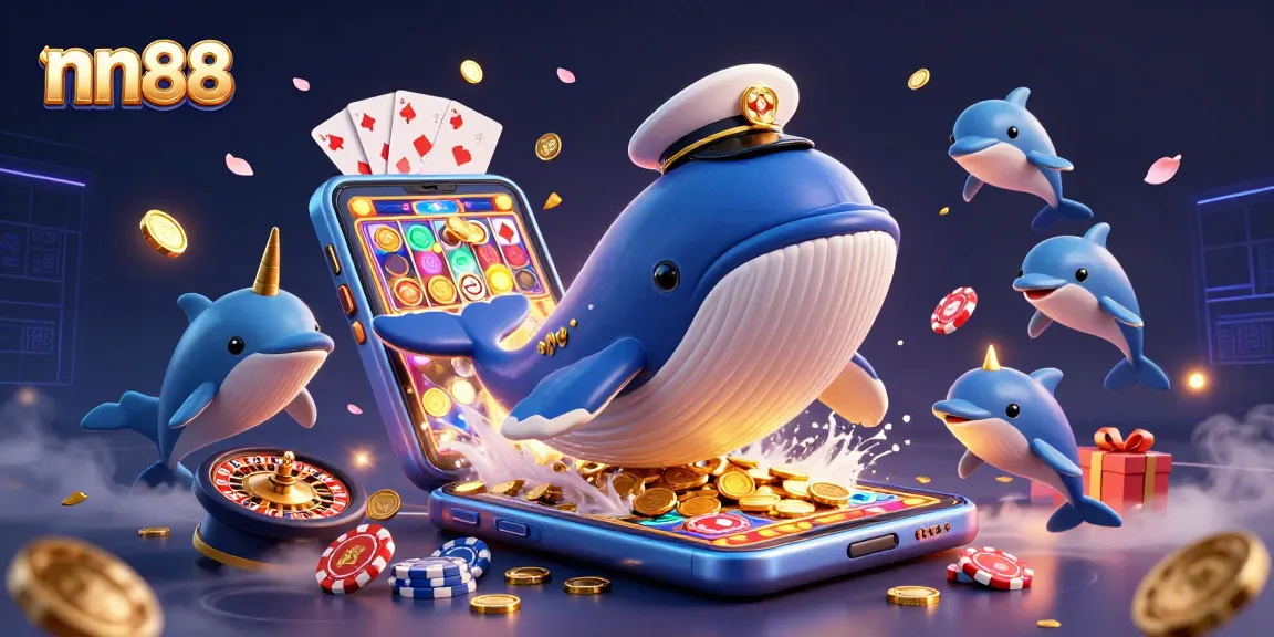 Engage with nn88 in a thrilling casino scene featuring a cartoon whale, narwhal, and dolphins with gaming elements.