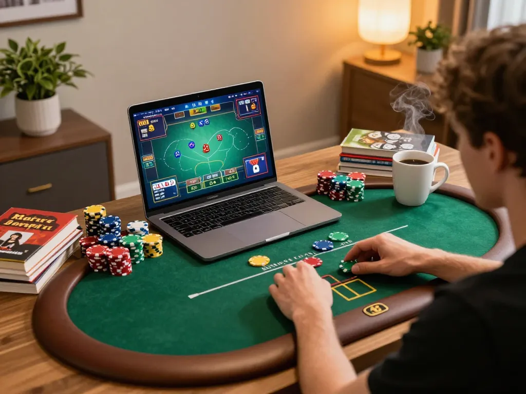 F8bet player using laptop for an engaging online poker experience in a cozy setting