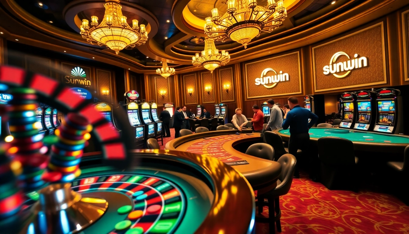 Players enjoying the thrill of casino games at sunwin with vibrant roulette and slot machines.