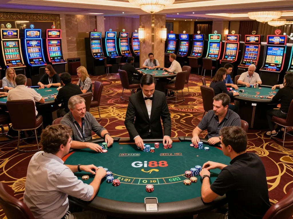 Players engage in thrilling poker games at gi88 casino, showcasing a vibrant casino atmosphere.