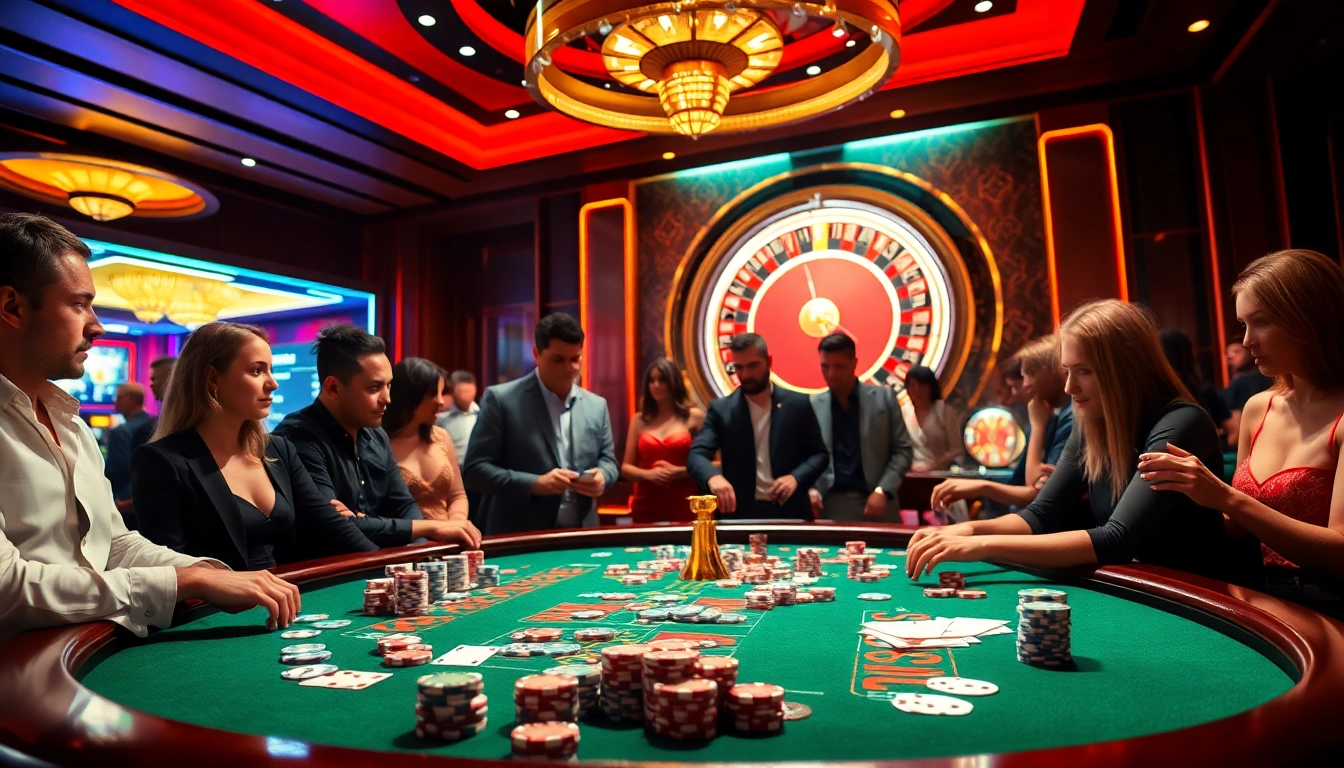 Engaged players enjoying a lively vz99 casino game with poker chips and roulette wheel.