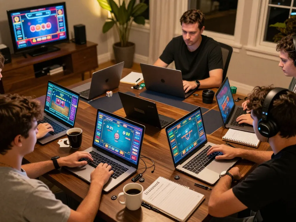 Players engaging in online poker at home, showcasing ga8888 gameplay with vibrant screens and strategy notes.