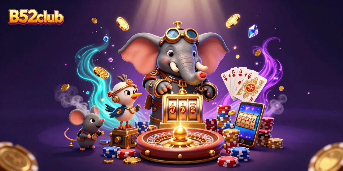 B52club slot machine scene with steampunk elephant, golden coins, and vibrant game elements