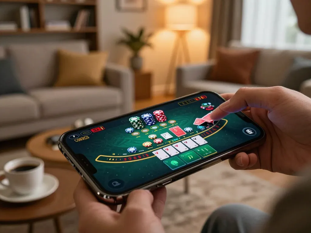 Player enjoying a live blackjack game on qh88go app, immersed in a modern home setting.
