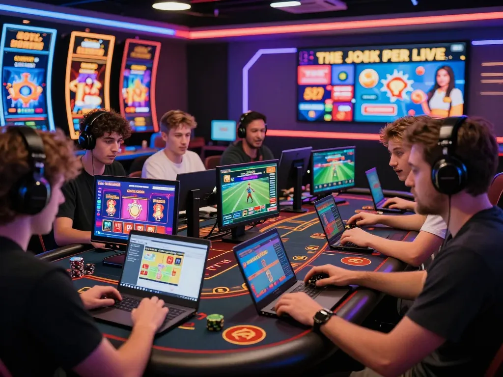 Players enjoying online games at BL555, a vibrant virtual casino with dynamic UI and colorful graphics.