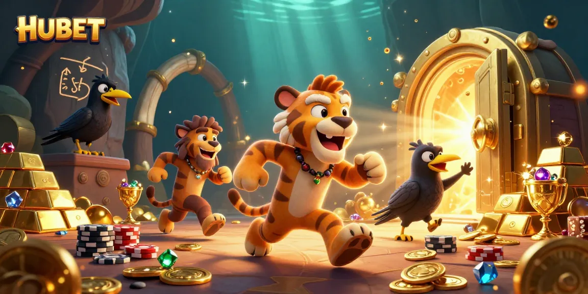 Engage with HUBET's mesmerizing prehistoric casino scene featuring vibrant gems and golden treasures.