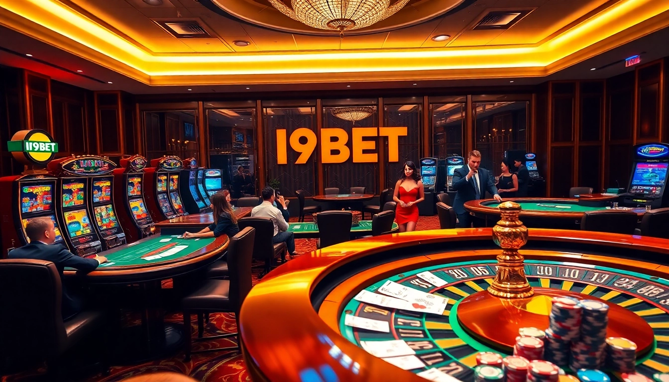 I9BET casino scene featuring vibrant slot machines and engaged poker players.