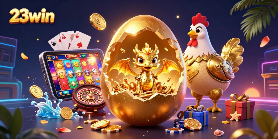 Experience thrilling wins with 23win in this vibrant online casino scene featuring a golden dragon.