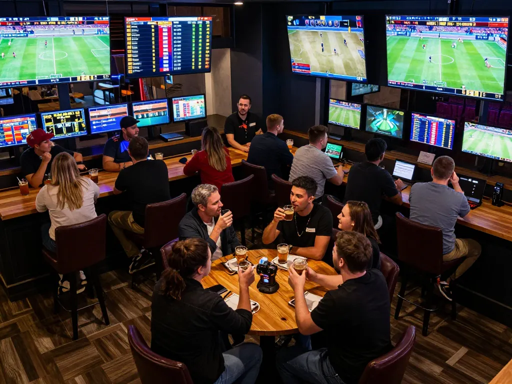 Bsport players engaging in energetic sports betting at a lively bar, screens showing real-time odds.