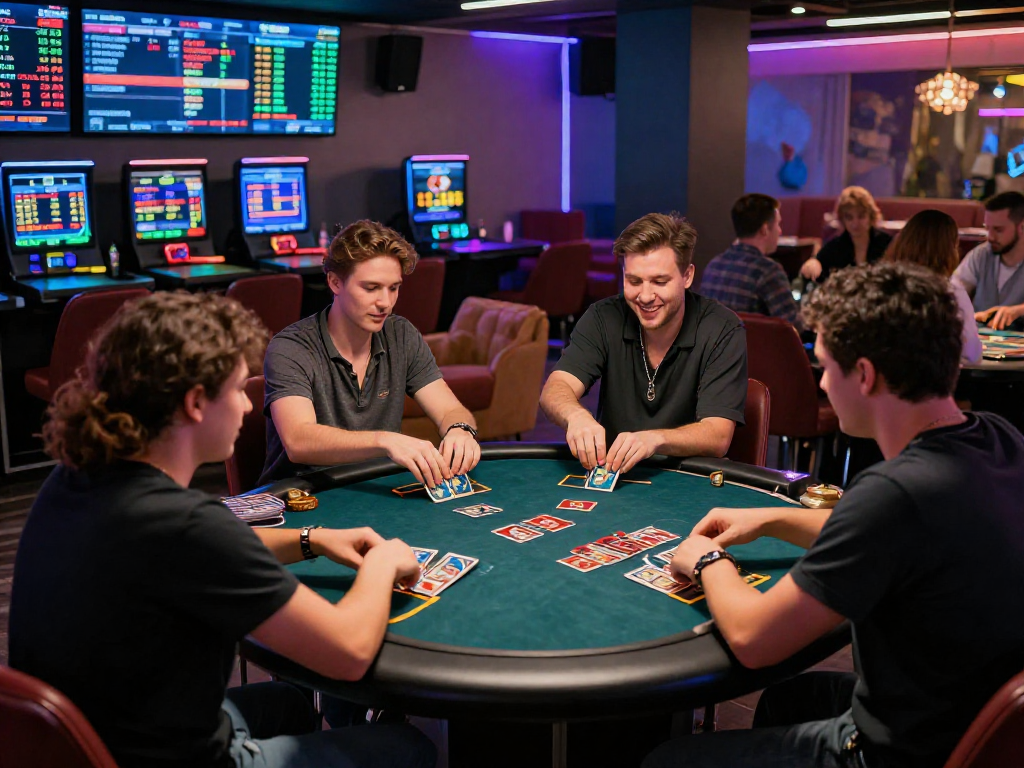 Exciting crypto casino atmosphere with diverse players engaging in games and cryptocurrency displays.