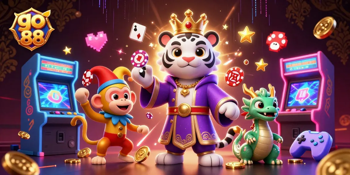 Experience the thrill of go 88 as the noble tiger and jester monkey invite players to an exciting illuminated casino.