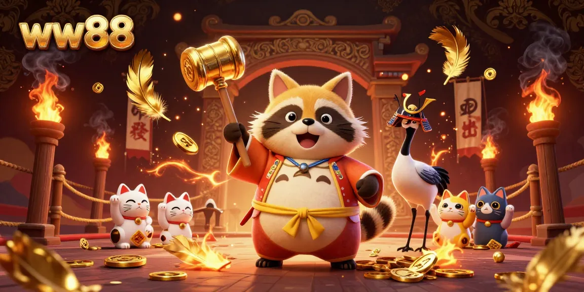 Experience excitement with the vibrant scene from ww88 featuring a cheerful tanuki and lucky charms.