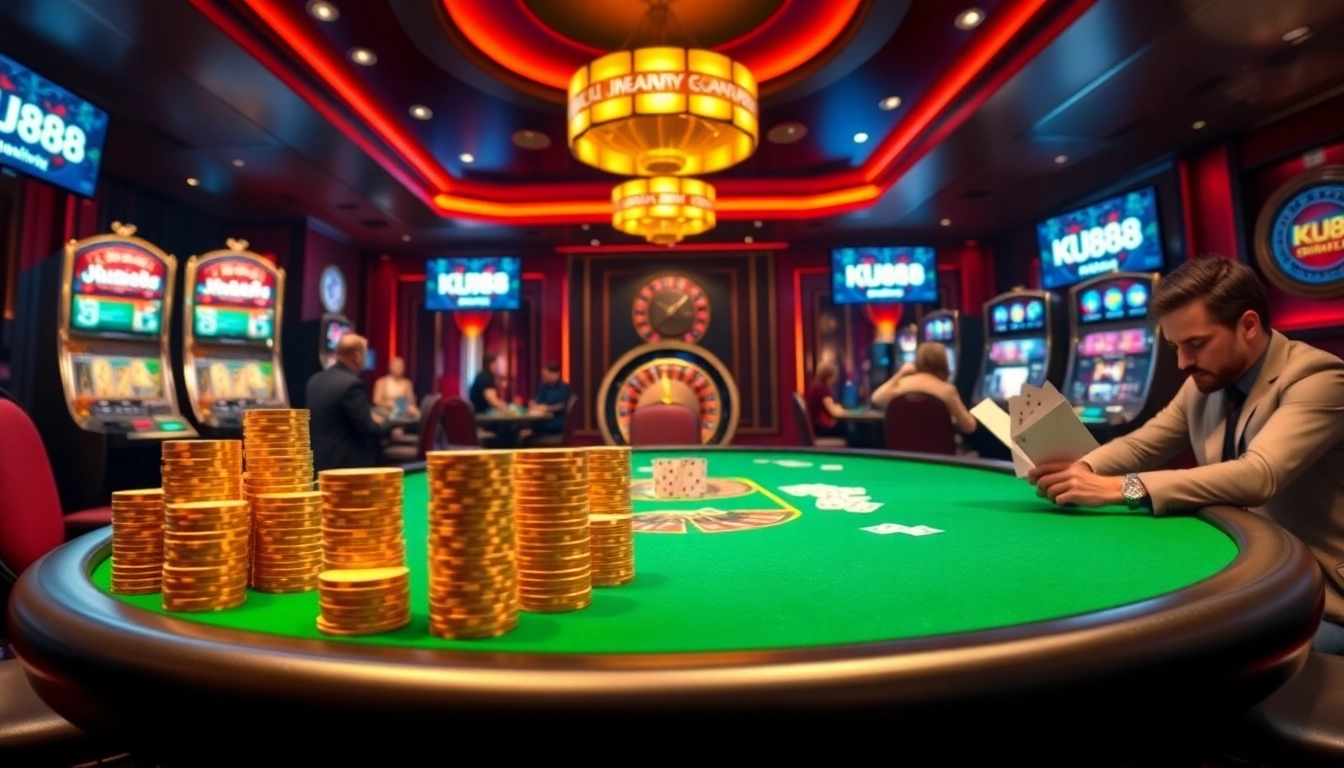 Experience high-stakes gaming at KU88, with vibrant tables, poker chips, and exciting action.
