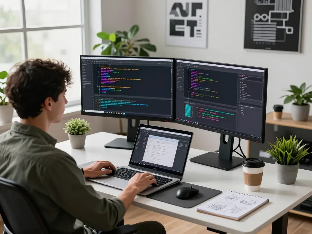 Software engineer coding at https://c168.date/ within a modern tech workspace featuring dual monitors and creative elements.