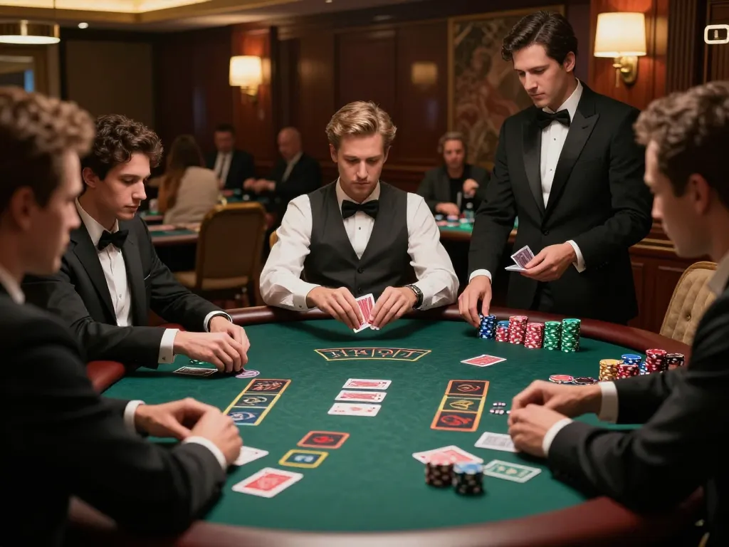 FB88 players strategizing at a high-stakes blackjack table, dealer shuffling cards in upscale casino setting.