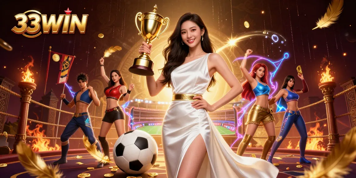 Experience the thrill of 33WIN with a victorious Asian woman celebrating her sports betting triumph amidst dynamic casino elements.