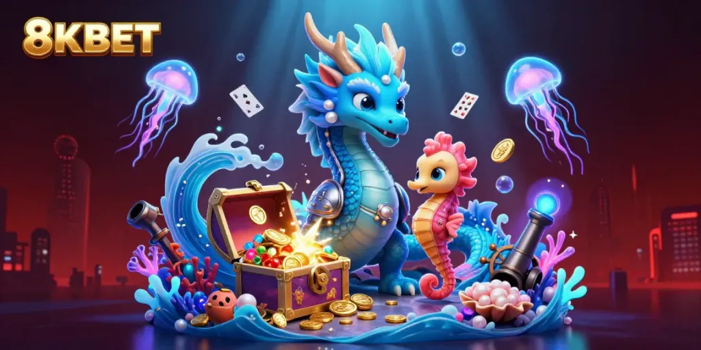 8KBET tạo ra trải nghiệm cá cược đặc sắc với hình ảnh rồng nước và trò chơi cá dưới biển.