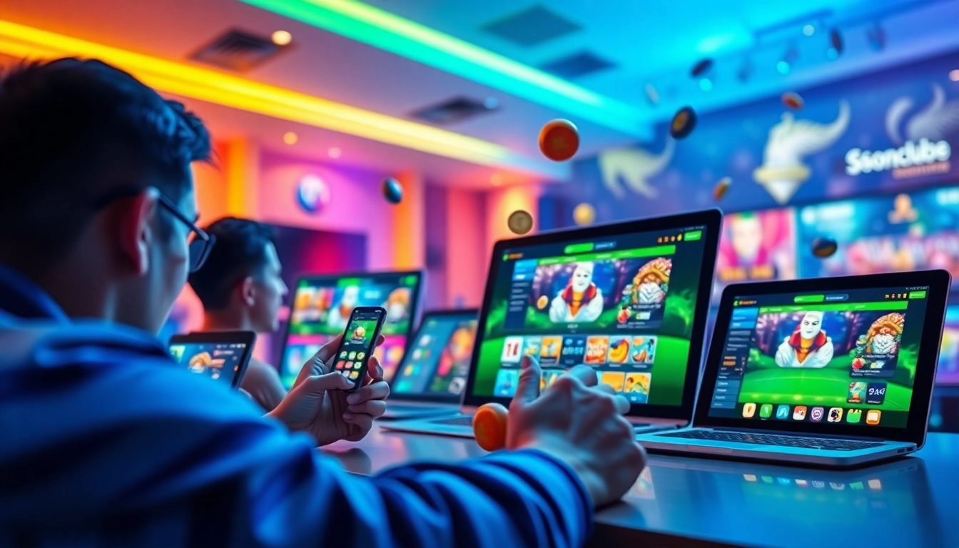 Sonclub online gaming platform interface on various devices showcasing engaging gameplay and vibrant promotions.