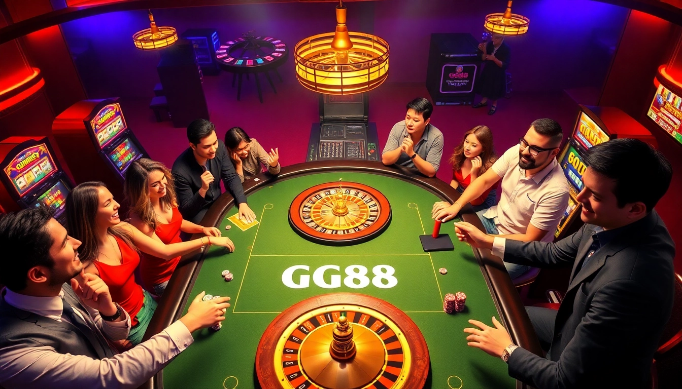 Experience the thrill of GG88 at an exciting casino table filled with vibrant poker chips and a roulette wheel.