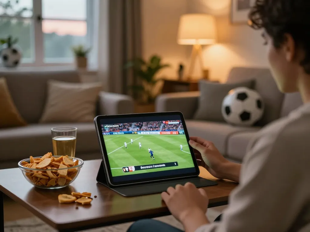 Socolive user immersively watching live football match on tablet in cozy home setting.