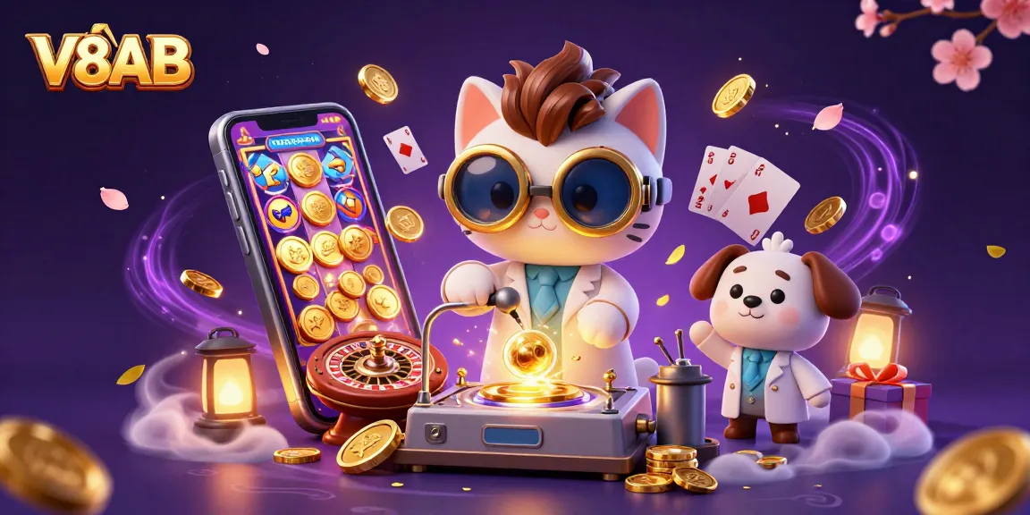 Play slots and win with V8AB as mad scientist cat and assistant create gold coins in a vibrant casino.