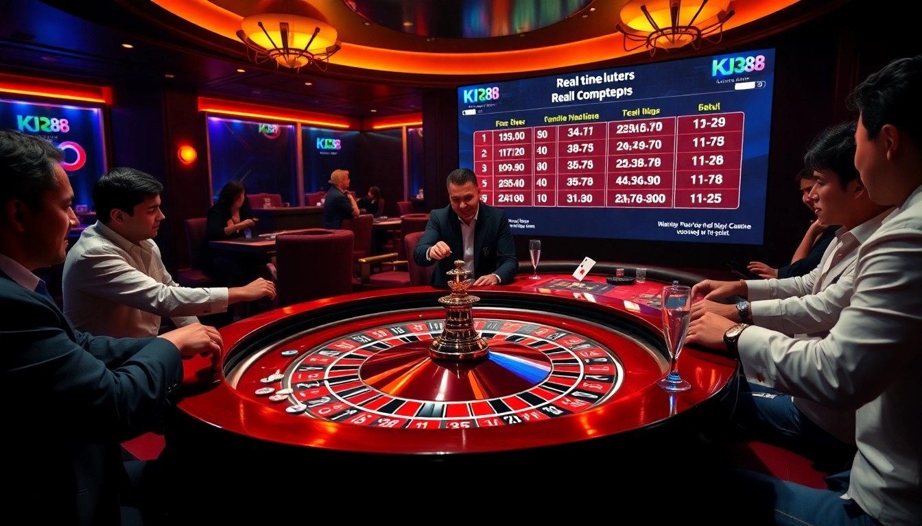 KJC RR88 players celebrating a win at an upscale roulette table, showcasing casino excitement and luxury.
