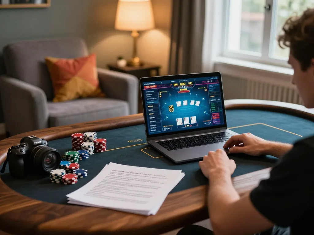 Playing poker at home on a laptop while strategizing bankroll management at TR88.