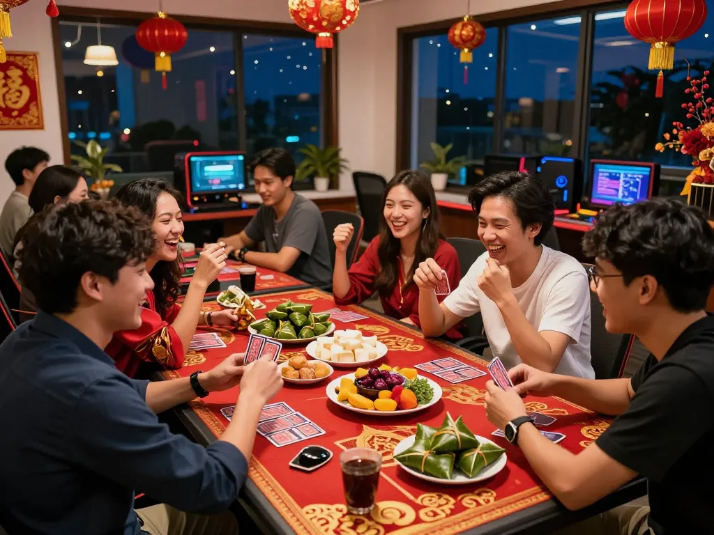 Exciting gaming celebration at 8kbet LUXURY during Tet holiday with friends enjoying traditional foods and festive decor.