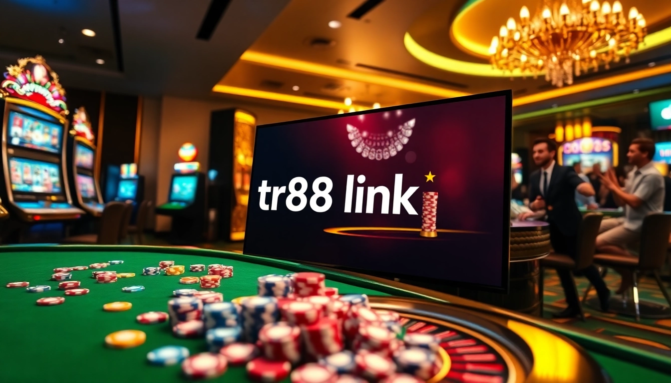 Exciting casino scene with the tr88 link showcased on a digital screen among lively players.