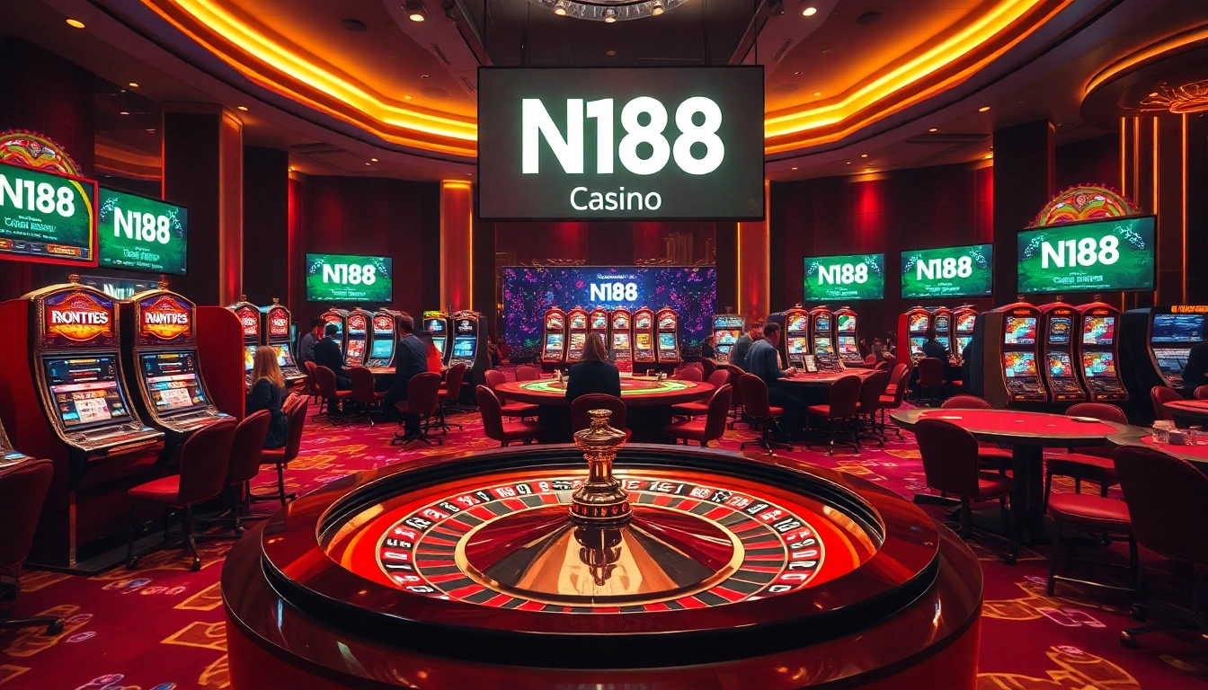 Experience thrilling gambling at https://n188.bid/ with glamorous casino visuals including slot machines and roulette.