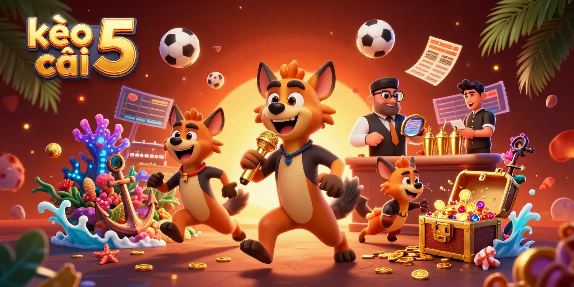 Stand-up comedy on sports betting at kèo nhà cái 5 with lively hyena characters.