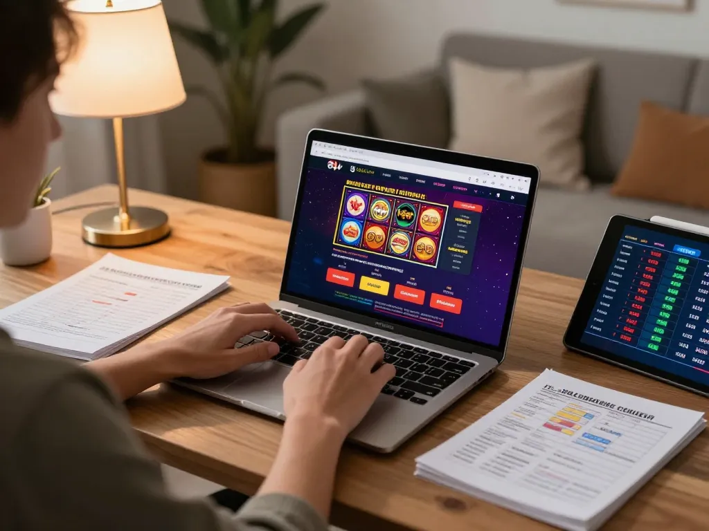 sunwin player engaging in online casino gaming session with laptop and strategy notes