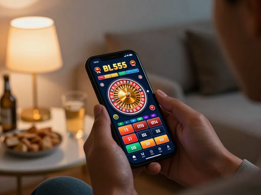Engaging with the BL555 casino app on a smartphone during a home gaming night.