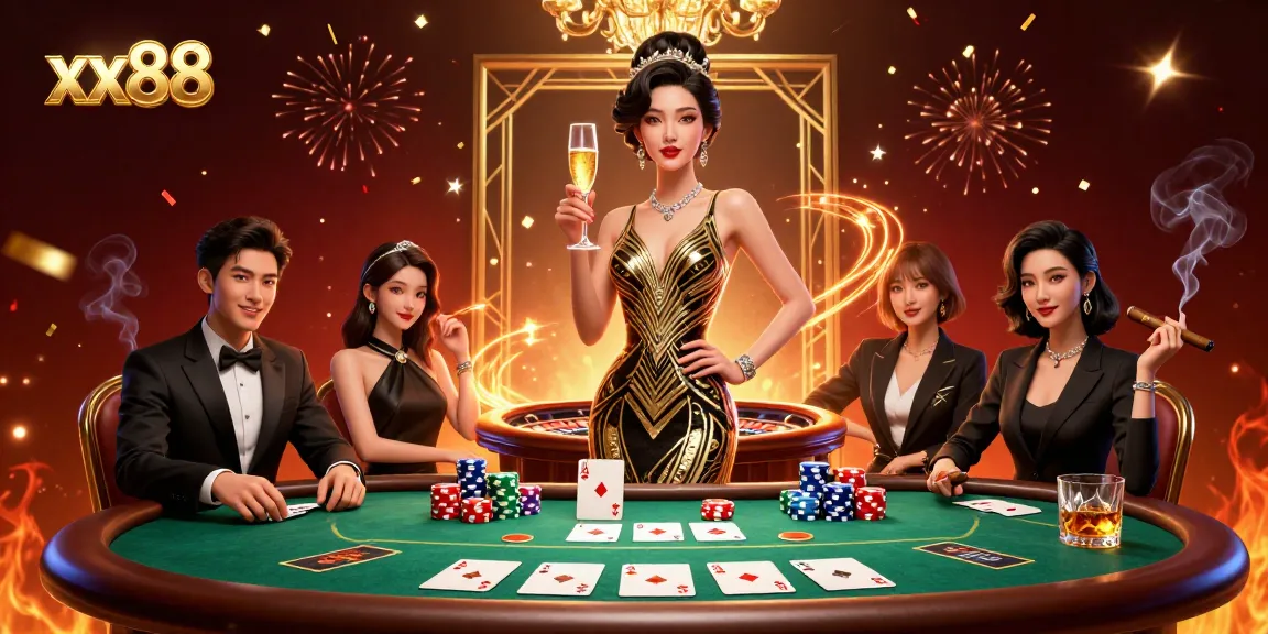 Experience luxury at xx88 with a glamorous Asian actress in a casino setting, celebrating wins.