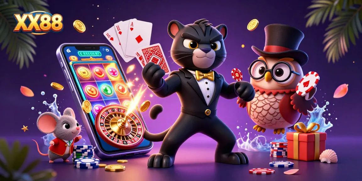 Experience the excitement of XX88 casino with a stylish panther, owl, and lucky mouse in a vibrant game scene.