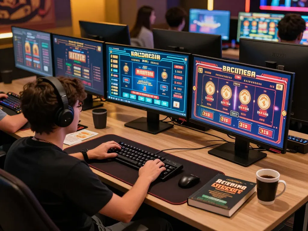 Experience the thrill of online gaming with link 28BET at a cozy home setup showcasing vibrant casino games.
