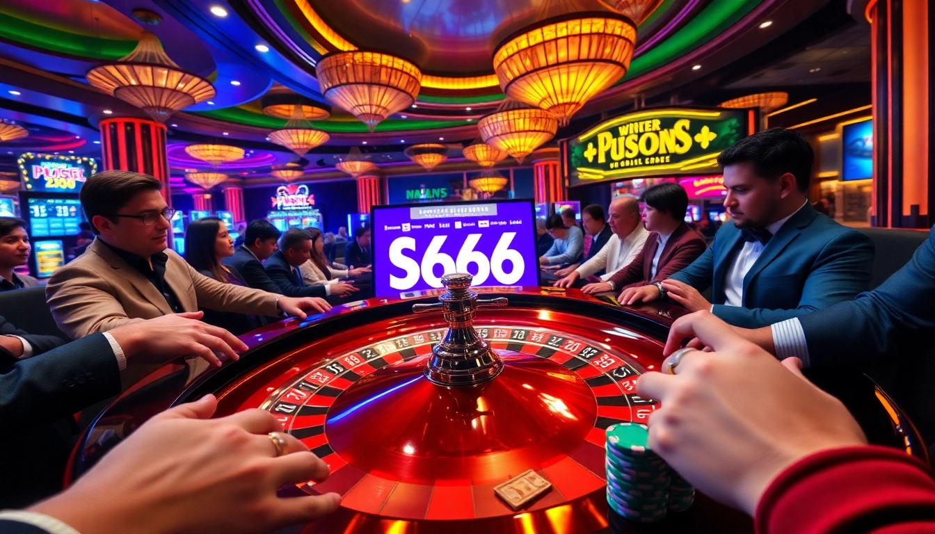 Experience the thrill of the S666 casino with vibrant roulette tables and engaged players.
