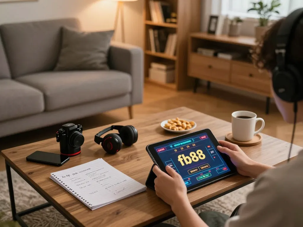 Engaging in online betting on fb88 with a tablet in cozy home setting showcasing strategic planning and comfort.