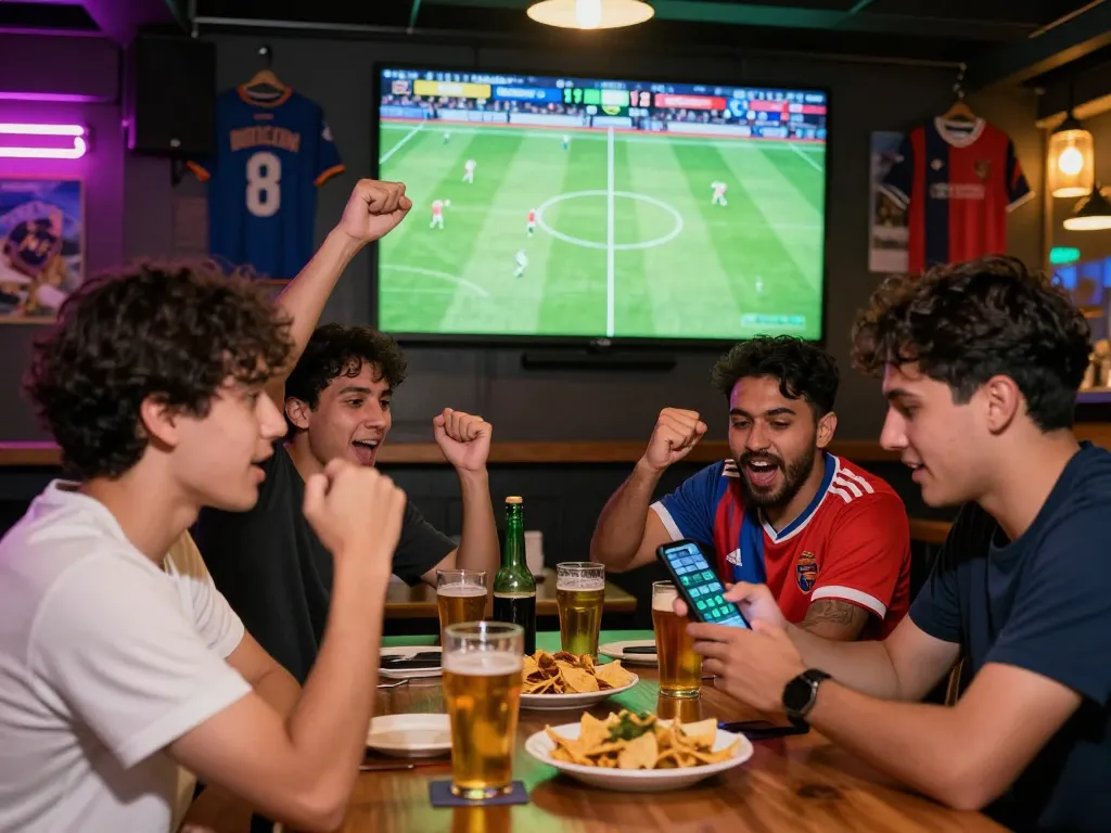 Bóng đá 1gom match excitement at a lively sports bar, friends cheering and analyzing bets.