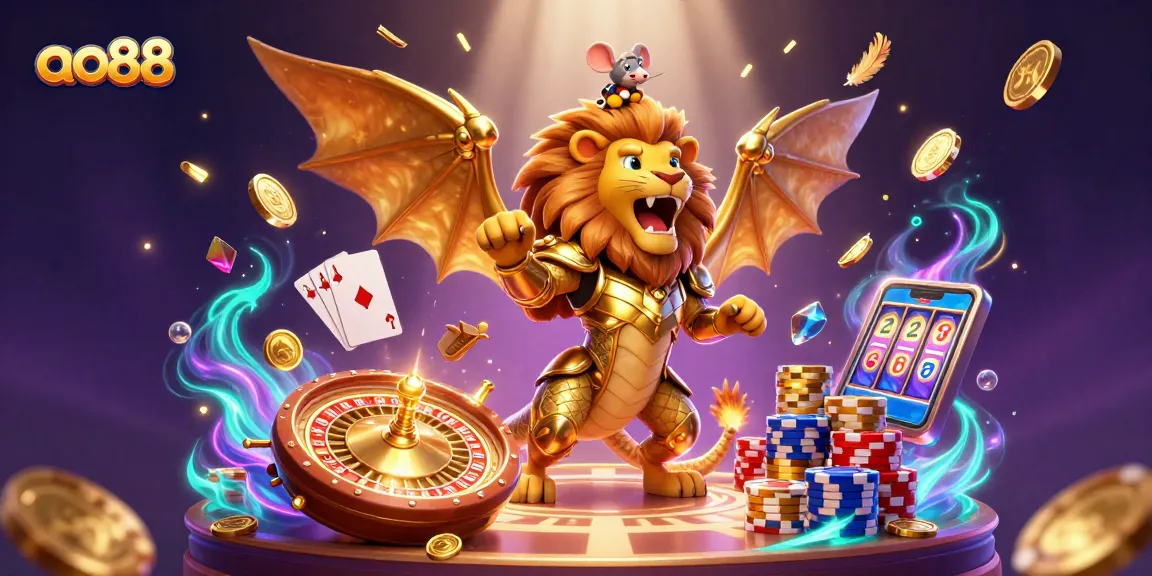 ao88 casino illustration with a chimera and winning elements, showcasing exciting gaming action
