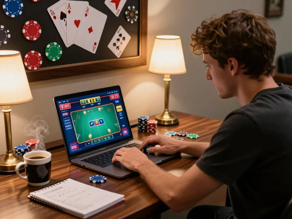Player engaged with MM88 poker game on laptop, vibrant interface showcasing betting strategies and a focused atmosphere.