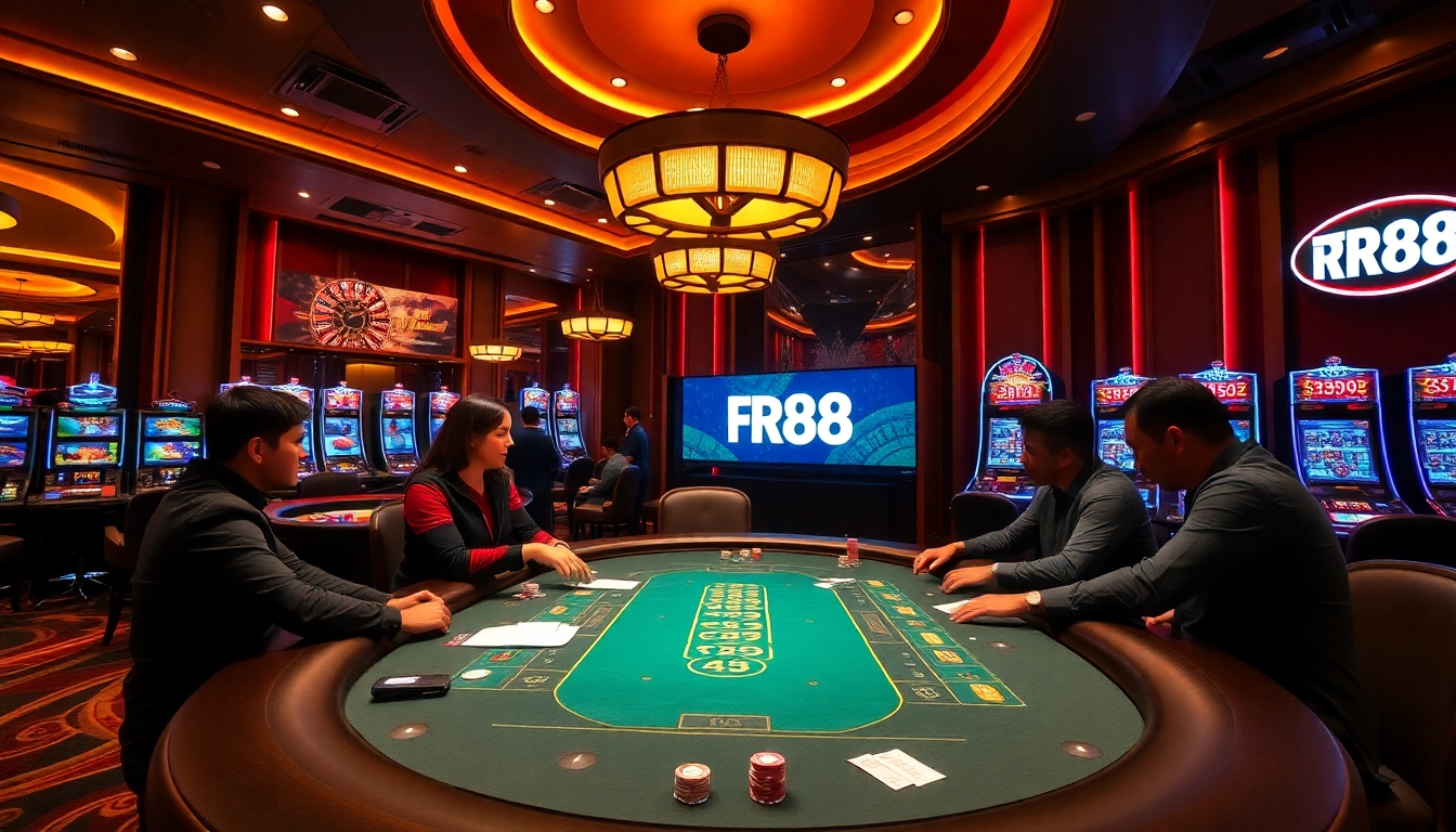 RR88 casino players engaged at a vibrant poker table, showcasing high-stakes excitement.