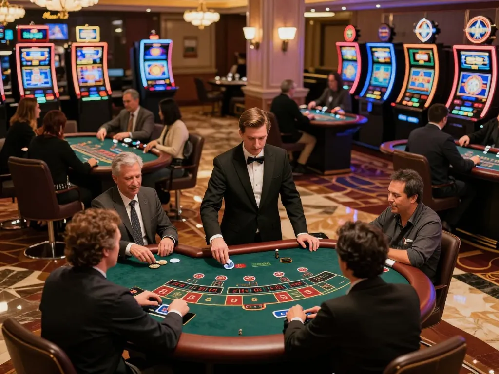 Fly88 players engaged in intense blackjack strategy at a lively casino.