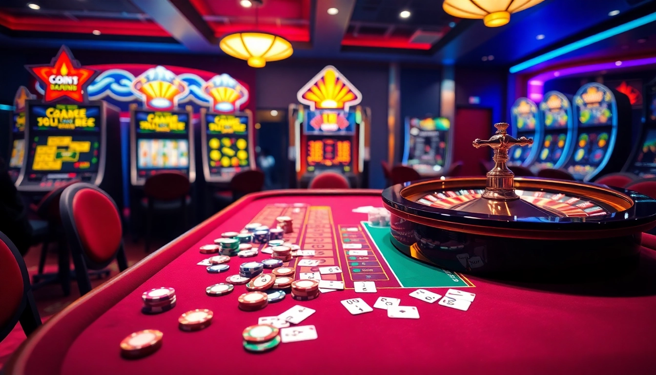 Experience thrilling gameplay at https://nohu900.in.net/ with a vibrant casino scene featuring roulette and cards.
