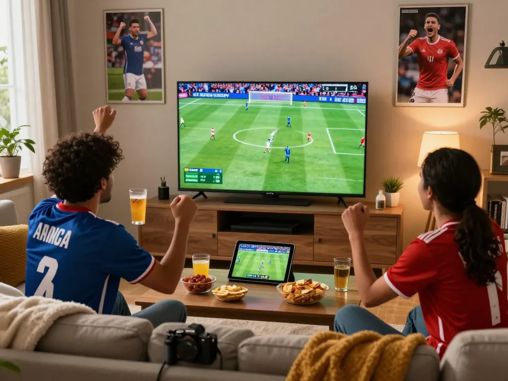 Excited fan enjoying live soccer on LuongSon with friends in HD quality.