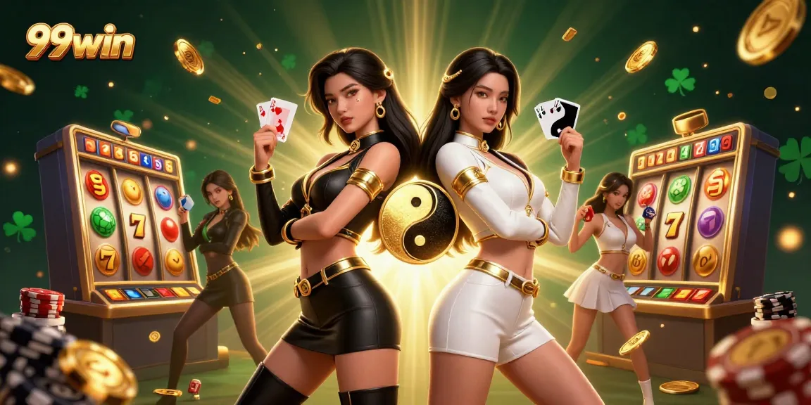 Experience thrilling gameplay with twin Asian women showcasing 99win cards and rich casino elements.