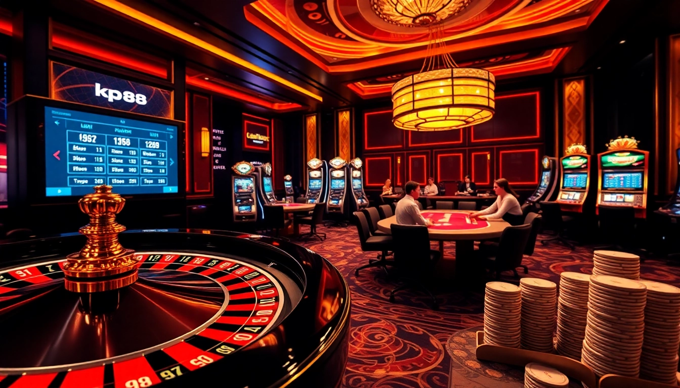KP88 engaging scene with roulette wheel, poker tables, and vibrant slot machines.