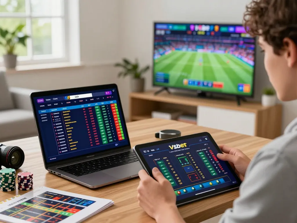 Engaging betting scene with Vsbet dashboard and sports highlights in a lively home environment.